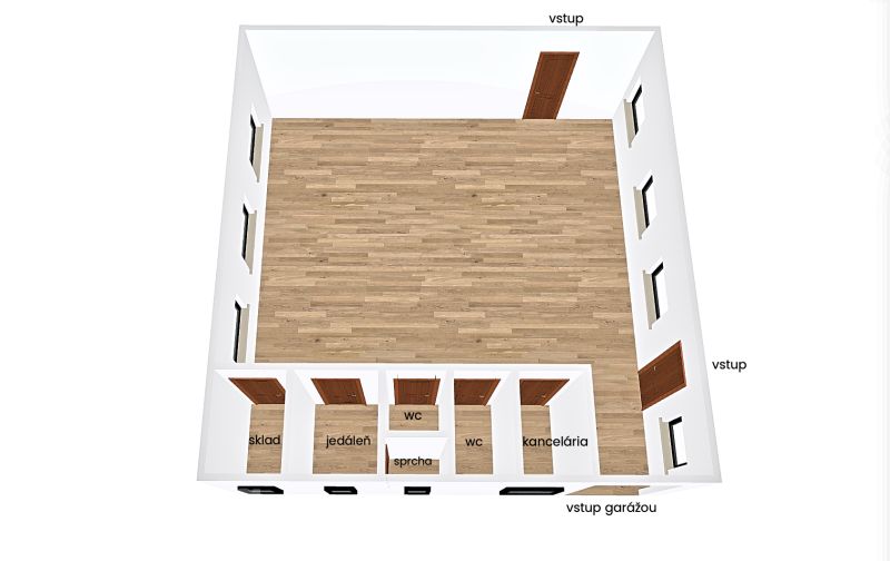Grundriss des Produktionsraums mit Holzboden, Büro und Lager.