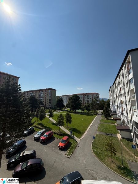 Blick auf die Wohnsiedlung mit Parkplatz, Bäumen und Wohnhäusern in der Mierová-Straße in Stará Ľubovňa.