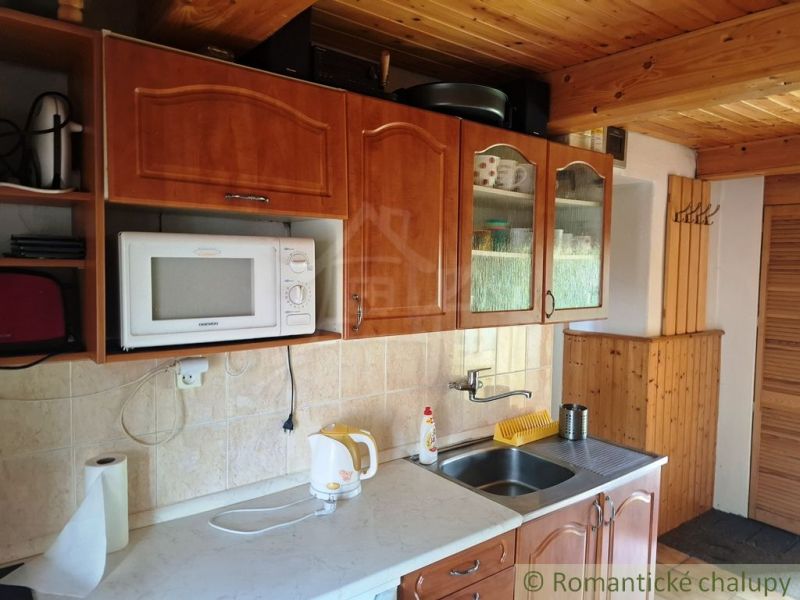 Küche mit Holzdecke und Schränken, Mikrowelle, Spüle, Wasserkocher.