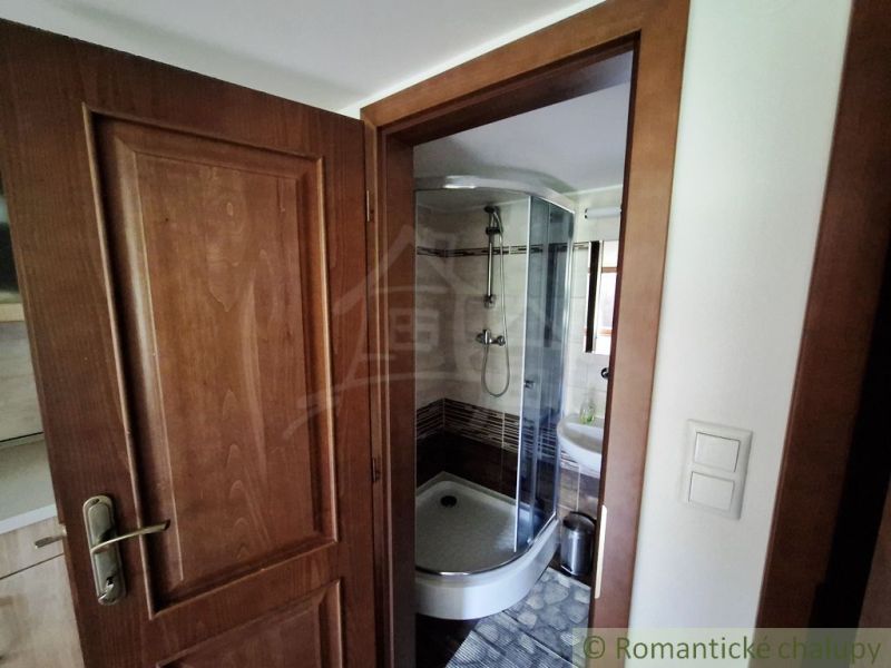 Badezimmer mit Eckdusche und rustikalen Holztüren in Geschäftsräumen.