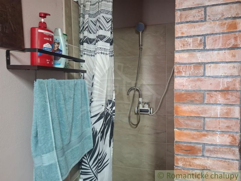 Badezimmer in einer Hütte mit Ziegelwand, Dusche und Badezimmerzubehör.