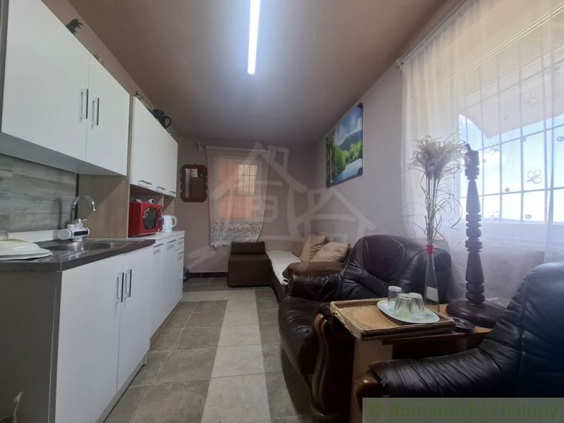 Küchenzeile in der Hütte mit Sofas und Dekoration, Boden mit Holzdekor.