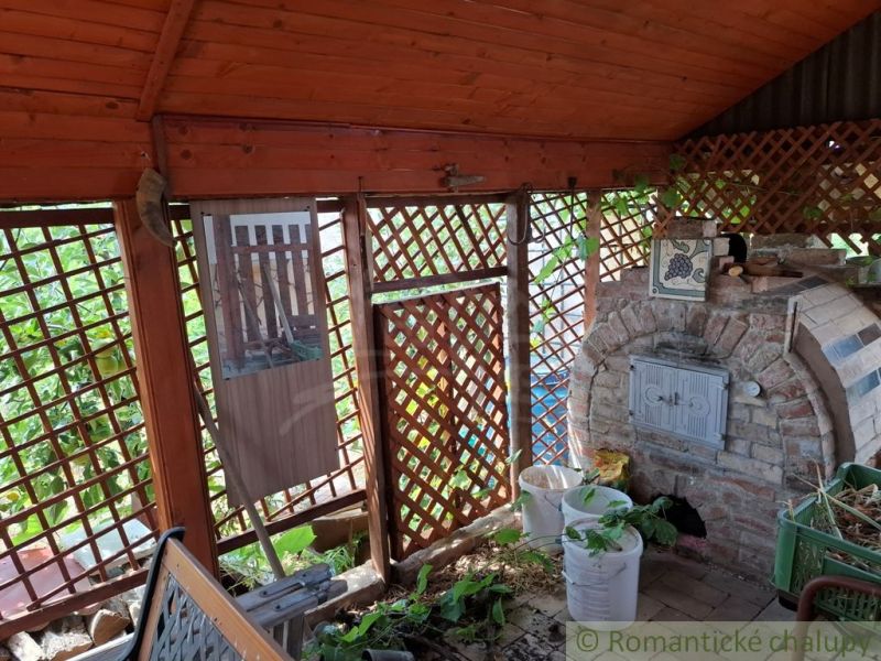 Überdachte Terrasse der Hütte in Gbelce mit gemauertem Außenkamin und Pflanzen.