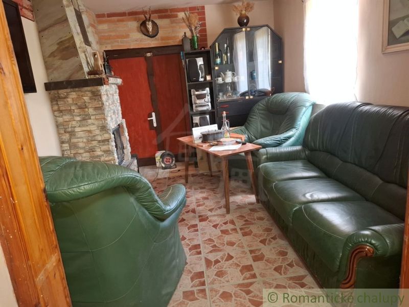 Innenraum einer Hütte mit Kamin, Ledersofa und einer Vitrine auf einem Boden mit Holzdekor.