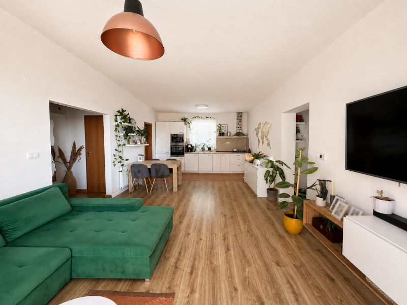 Wohnzimmer in einer 3-Zimmer-Wohnung mit Holzboden und grünem Sofa.