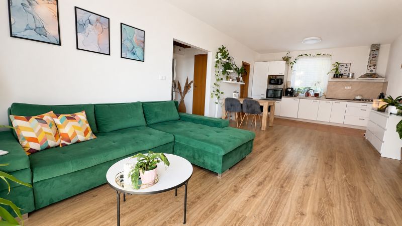 Wohnzimmer in einer 3-Zimmer-Wohnung mit einem bequemen grünen Sofa und einem Boden in Holzoptik.