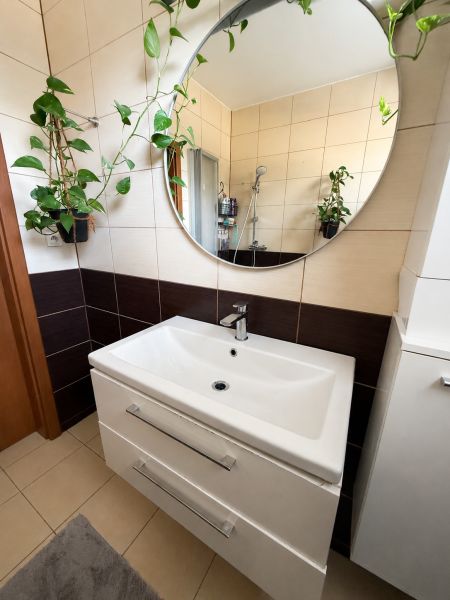 Badezimmer in einer 3-Zimmer-Wohnung mit Spiegel, Waschbecken und Pflanzen an den Wänden.