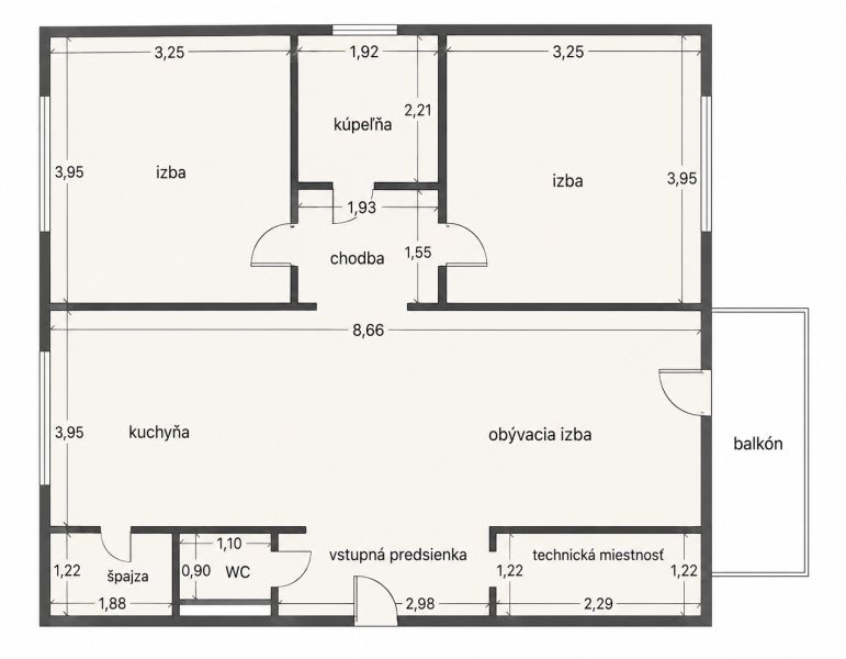 Grundriss einer 3-Zimmer-Wohnung mit Badezimmer, Küche und Balkon, ideal für praktische Nutzung.