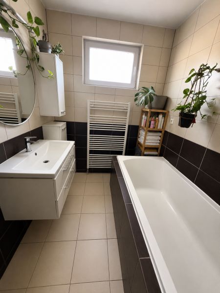 Badezimmer in einer 3-Zimmer-Wohnung mit Badewanne, großem Spiegel und Pflanzen an den Wänden.