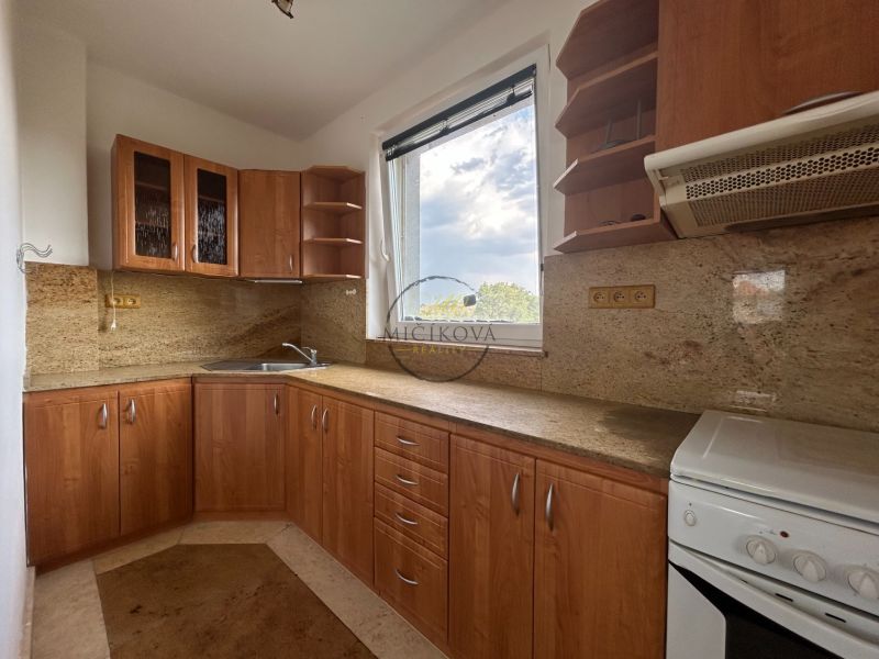 Küche mit Holzdekor, Küchenzeile, Elektrogeräte und Fenster in einer 2-Zimmer-Wohnung.