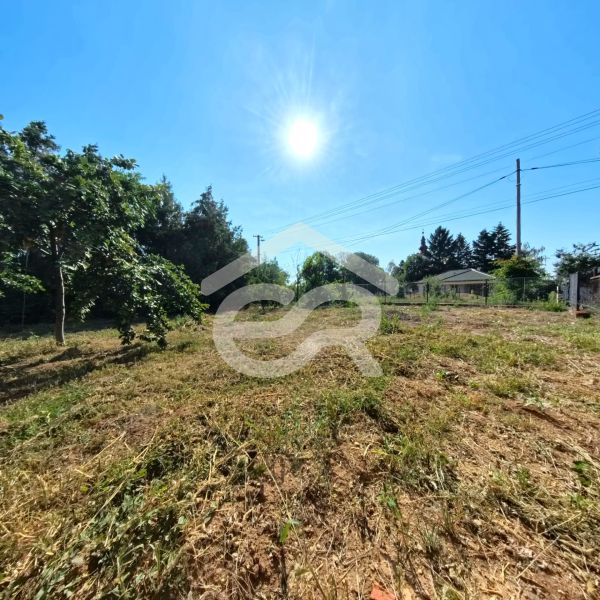 Ein sonniges Grundstück in der Školská-Straße in Tesárske Mlyňany mit sichtbarem Zaun und grüner Vegetation.