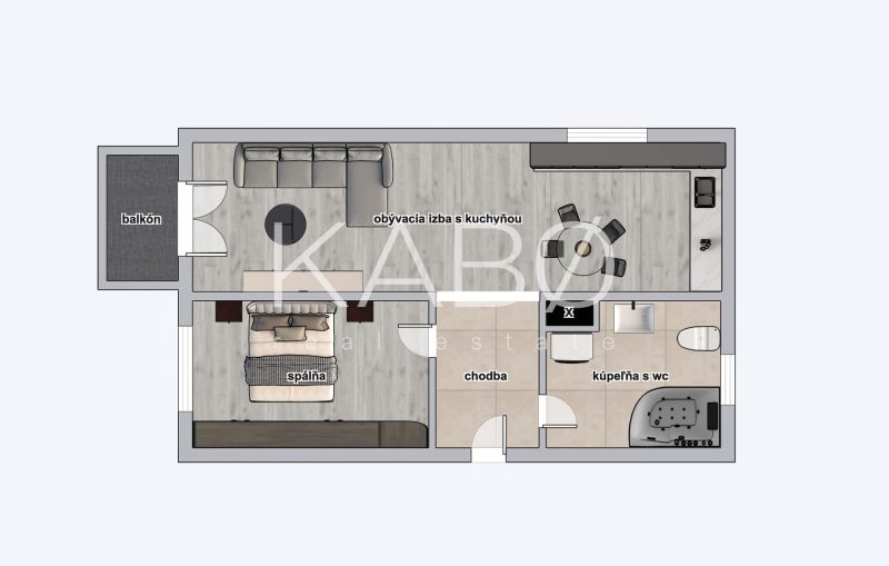 Grundriss einer 2-Zimmer-Wohnung mit Wohnzimmer, Küche, Schlafzimmer und Badezimmer.