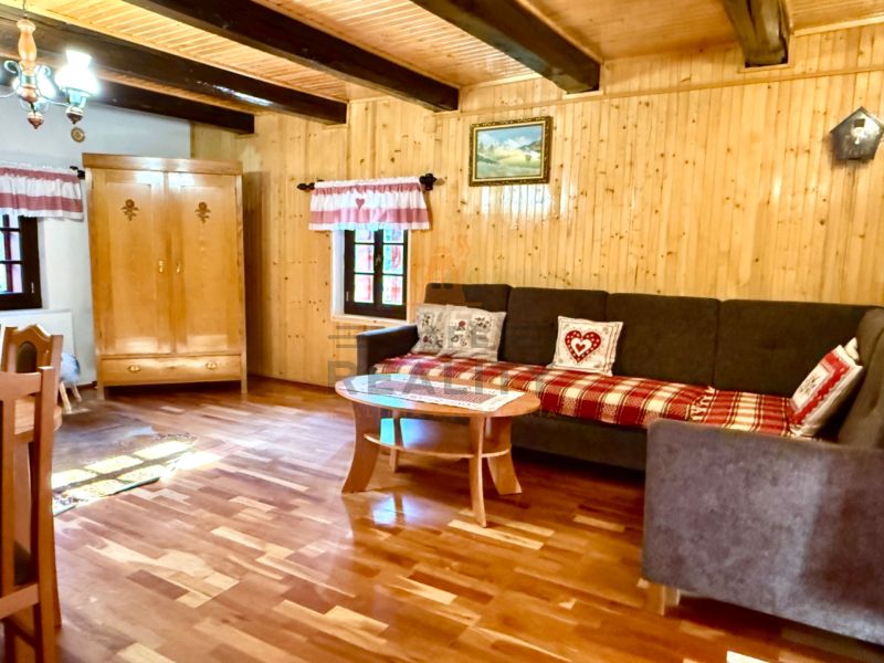 Wohnzimmer in einem Einfamilienhaus mit Holzwänden und einem Boden mit Holzdekor.