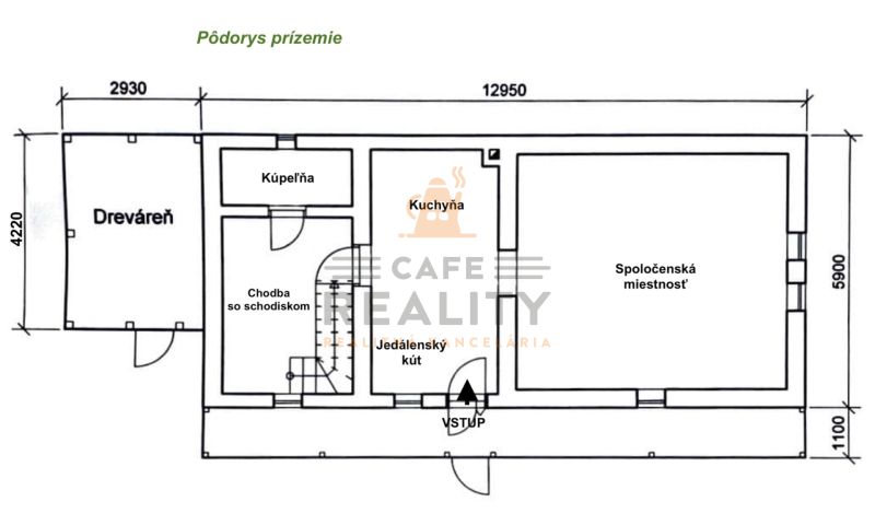 Grundriss eines Einfamilienhauses mit Gemeinschaftsraum, Küche, Badezimmer und Holzlager.