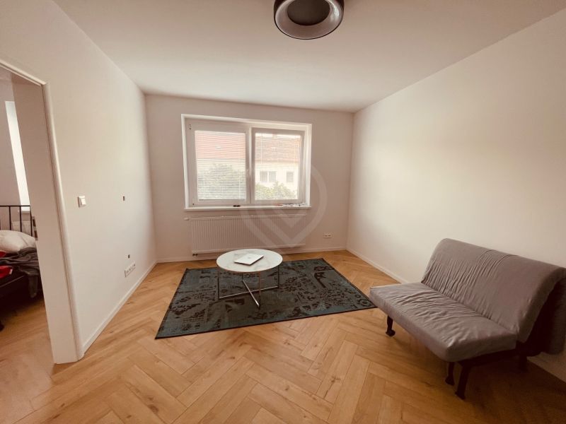 Helles Zimmer in einer 4-Zimmer-Wohnung mit Sofa, Teppich und Holzboden.