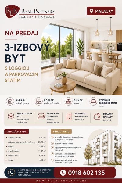 Angebot einer 3-Zimmer-Wohnung in Malacky mit Loggia und Parkplatz, Gesamtfläche 61,65 m².