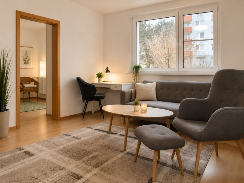 Wohnzimmer in einer 2-Zimmer-Wohnung mit bequemen Sitzgelegenheiten und einem Tisch.