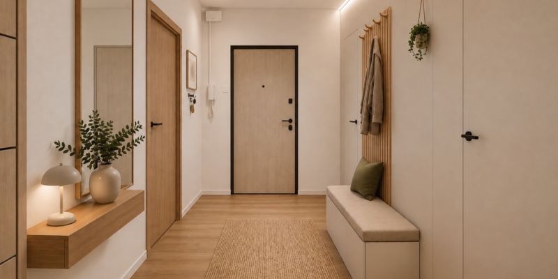 Eingangsbereich mit Holzboden, Spiegel und dekorativen Elementen in einer 3-Zimmer-Wohnung.