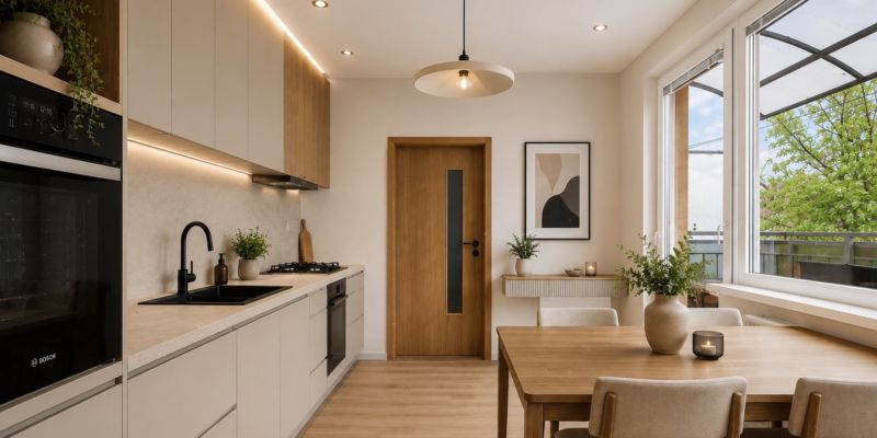 Helle Küche in einer 3-Zimmer-Wohnung mit Holzboden und Esstisch.