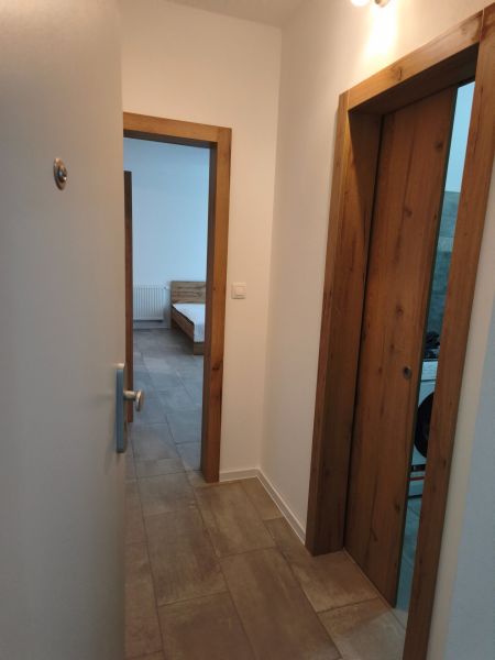 Flur in einer Einzimmerwohnung mit Fliesenboden und Holztürrahmen.