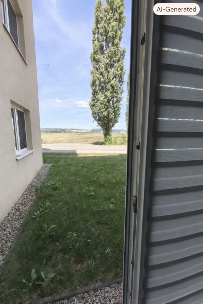Blick aus dem Fenster auf den Rasen und den Baum bei einer Einzimmerwohnung in Zlaté Moravce.