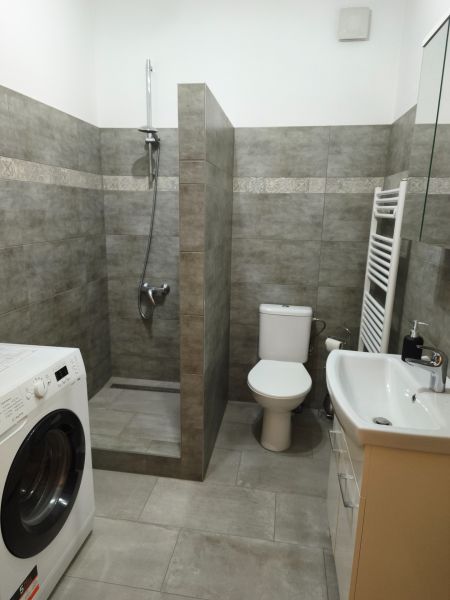 Kúpeľňa v 1-izbovom byte s práčkou, sprchovacím kútom a toaletou.

Badezimmer in einer Einzimmerwohnung mit Waschmaschine, Dusche und Toilette.