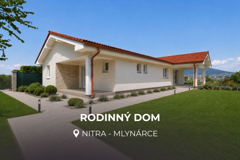 Ein Einfamilienhaus in der Poľná-Straße in Nitra mit einem weitläufigen Rasen und Pflastersteinen.