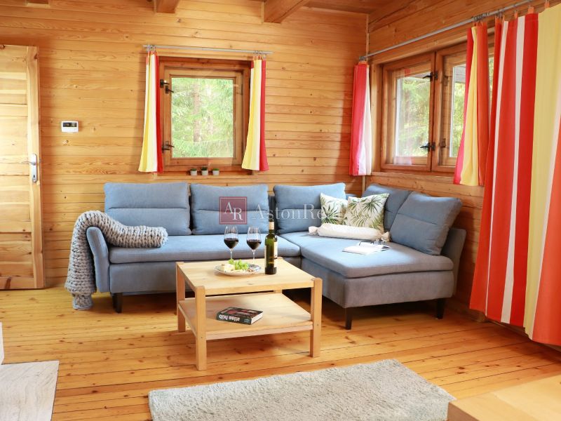 Wohnzimmer einer Hütte mit Holzwänden, einem Boden in Holzoptik, einem blauen Sofa und einem Tisch.