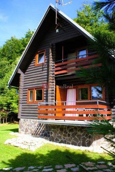 Holzhütte in Tále bei Brezno, umgeben von Grün mit einem Steinsockel und einer Terrasse.