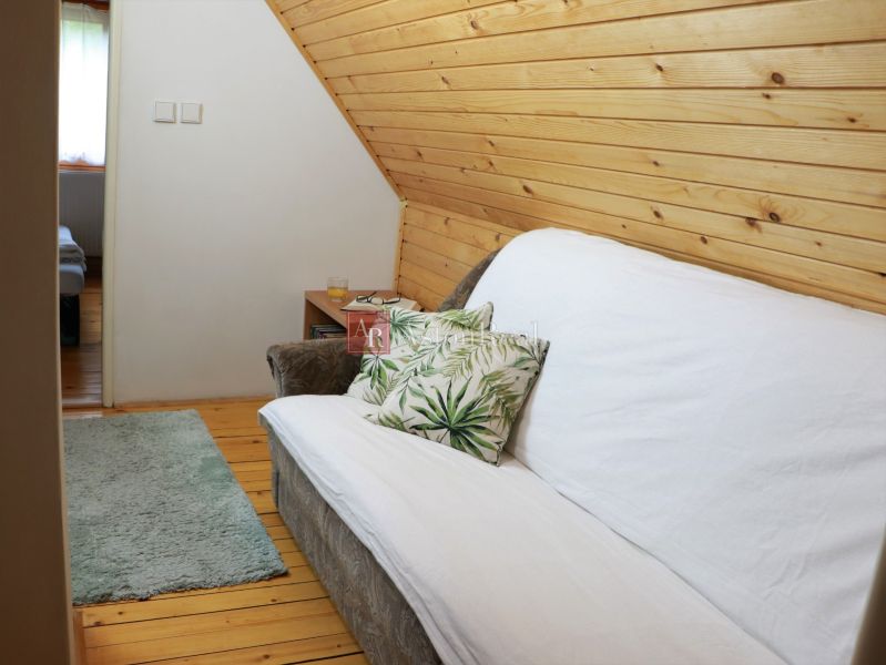 Ein bequemer Sofa mit einem dekorativen Kissen in einer gemütlichen Hütte mit Holzelementen.