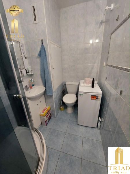 Badezimmer in einer Einzimmerwohnung mit blauen Fliesen, Duschkabine und Toilette.