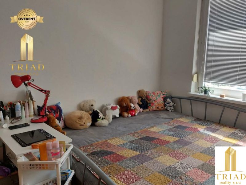 Ein Zimmer in einer Einzimmerwohnung mit einem Bett, einer bunten Decke und Plüschtieren.