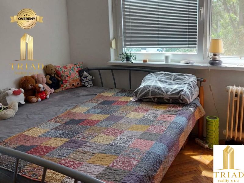 Schlafzimmer in einer Einzimmerwohnung mit einem Bett und einem Haufen Plüschtiere auf dem Bett.