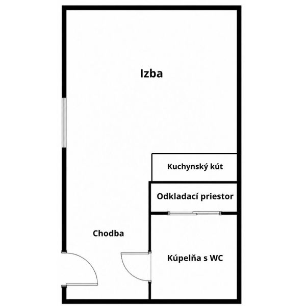 Grundriss einer Einzimmerwohnung mit einem Zimmer, einer Kochnische und einem Badezimmer mit WC.