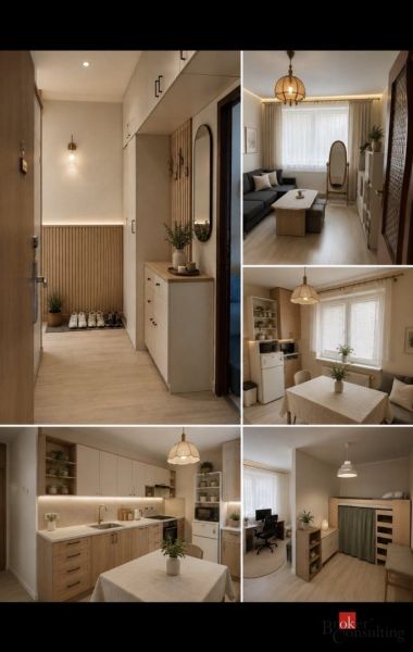 Gemütliches Interieur einer 2-Zimmer-Wohnung mit Holzboden und sanften Dekorationen.