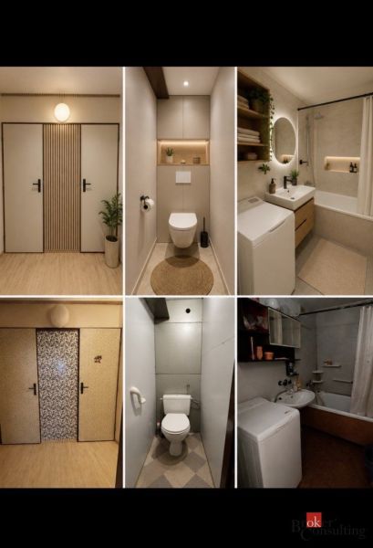 Badezimmer und Toiletten in einer 2-Zimmer-Wohnung mit minimalistischen Elementen und dekorativen Details.