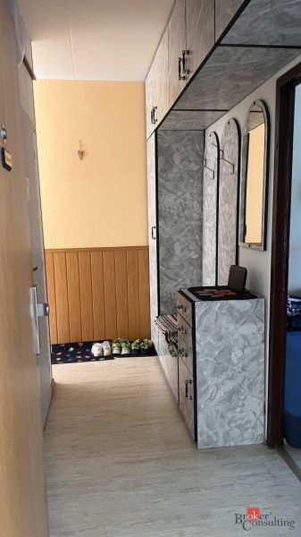 Ein schmaler Flur mit einem Holzboden-Dekor und praktischem Stauraum.