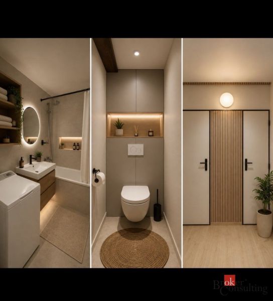 Badezimmer mit Badewanne und Spiegel, modernes WC und Eingangstür in einer 2-Zimmer-Wohnung.