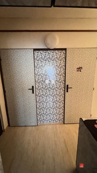 Tapezierte Türen im Inneren einer 2-Zimmer-Wohnung mit Holzboden.