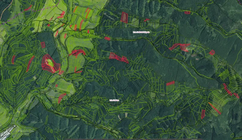 Karte der landwirtschaftlichen und forstwirtschaftlichen Flächen in der Umgebung von Ľubica mit farblichen Markierungen.