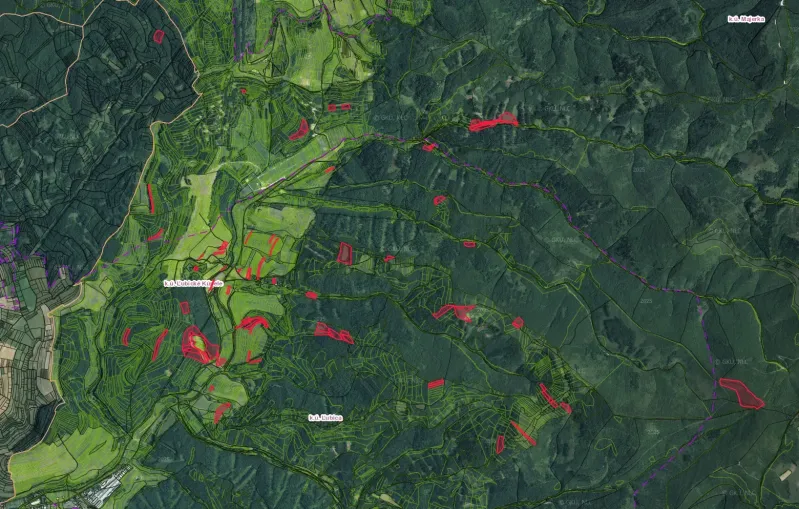 Luftaufnahme von landwirtschaftlichen und forstwirtschaftlichen Flächen rund um Ľubica mit Grenzmarkierungen.