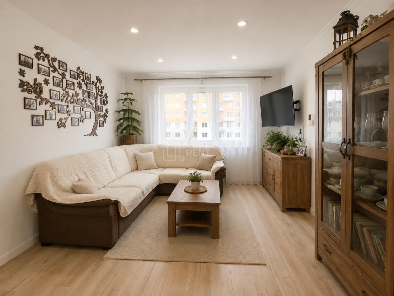 Wohnzimmer in einer 3-Zimmer-Wohnung mit einem bequemen Sofa und einem Boden in Holzoptik.