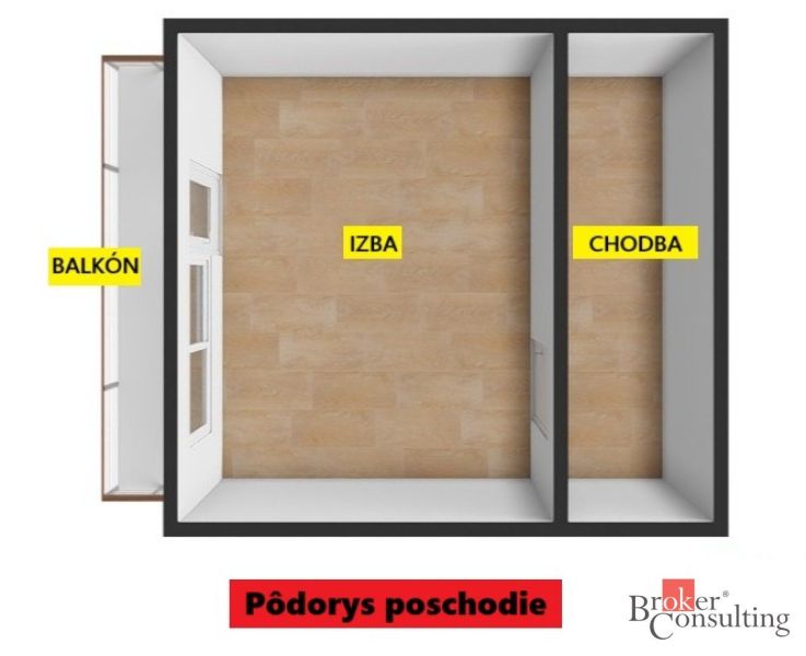 Grundriss einer 2-Zimmer-Wohnung mit Balkon und Holzbodenoptik.