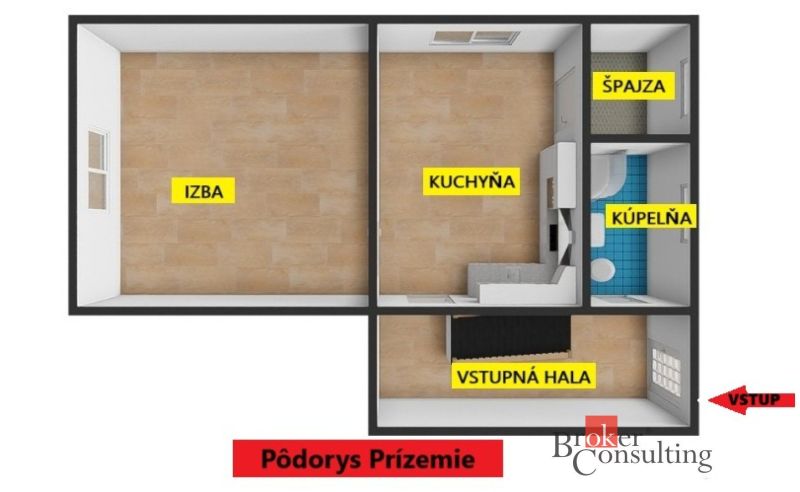Grundriss einer 2-Zimmer-Wohnung mit Holzboden, umfasst ein Zimmer, eine Küche und ein Badezimmer.
