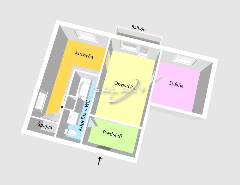 Grundriss einer 2-Zimmer-Wohnung mit Speisekammer, Küche, Balkon, Diele und Badezimmer mit WC.