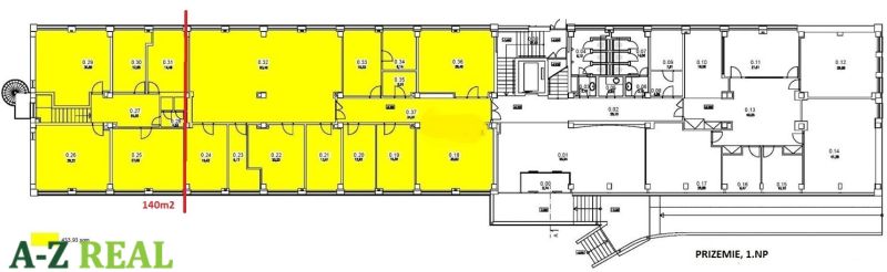 Grundriss der Büros mit markiertem Bereich von 140 m² zur Vermietung.