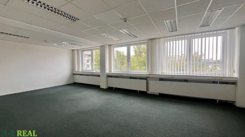 Leere Büros mit großen Fenstern und Teppichboden.