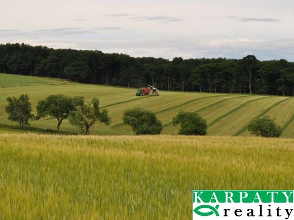 Landwirtschaftliche und forstwirtschaftliche Flächen in Bukovec mit Bäumen, einem Mähdrescher und einem Getreidefeld.