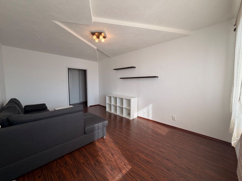 Wohnzimmer in einer 3-Zimmer-Wohnung mit Holzboden, grauem Sofa und Regalen.