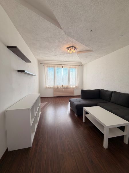 Wohnzimmer in einer 3-Zimmer-Wohnung mit Holzboden und Ecksofa.